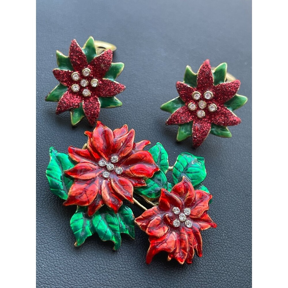 Holiday Poinsetta Brooch & Earrings Accented with Rhinestones Perfect for the Up
